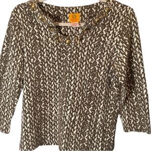 Ruby Rd. Size PM army green and cream colored top with studding and rhinestone